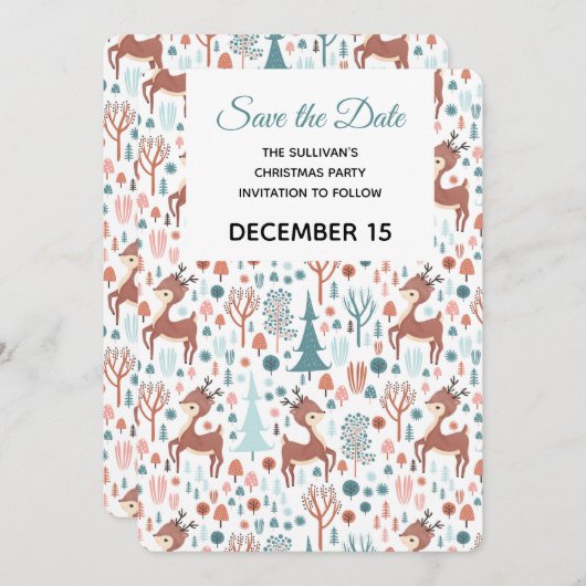 Cute Deer in Whimsical Forest Pattern Save The Date (Voorkant / Achterkant)