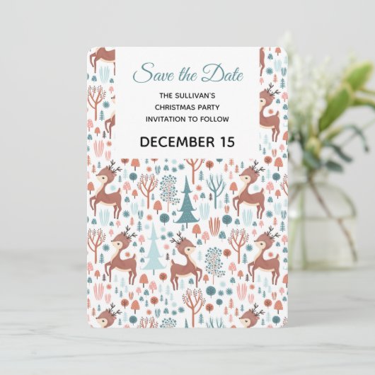 Cute Deer in Whimsical Forest Pattern Save The Date (Staand voorkant)