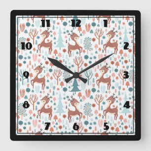 Cute Deer in Whimsical Forest Pattern Vierkante Klok