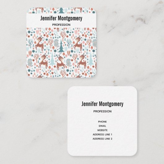 Cute Deer in Whimsical Forest Pattern Vierkante Visitekaartje (Voorkant / Achterkant)