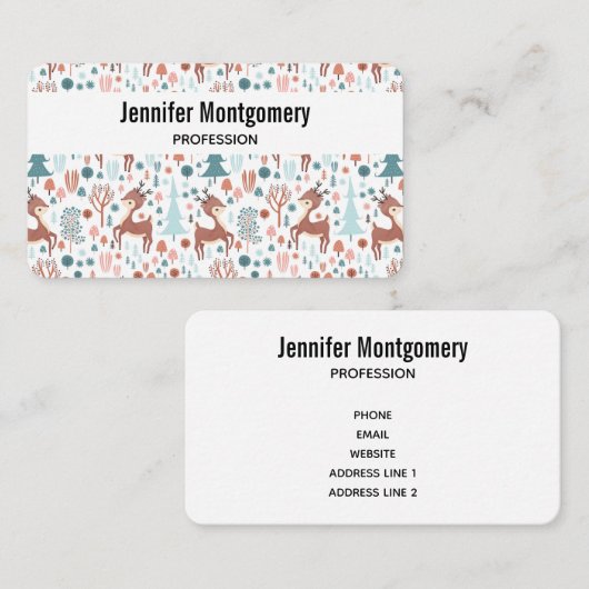 Cute Deer in Whimsical Forest Pattern Visitekaartje (Voorkant / Achterkant)
