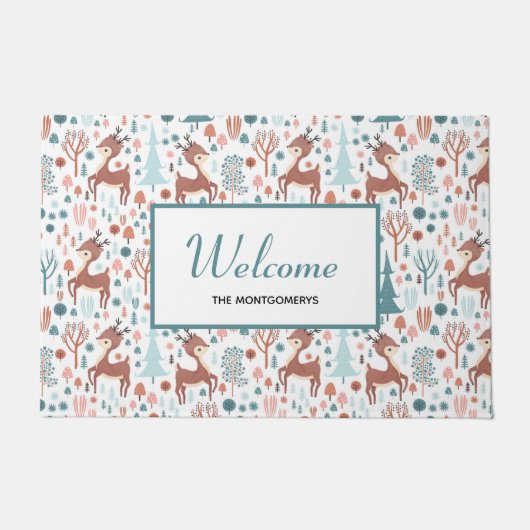 Cute Deer in Whimsical Forest Pattern Welcome Deurmat (Voorkant)