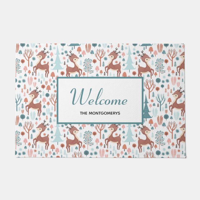 Cute Deer in Whimsical Forest Pattern Welcome Deurmat (Voorkant)