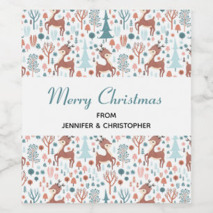 Cute Deer in Whimsical Forest Pattern Wijn Etiket