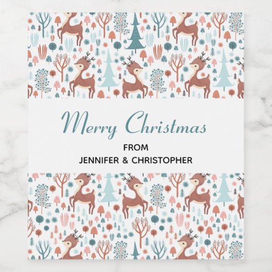 Cute Deer in Whimsical Forest Pattern Wijn Etiket (Enkel label)