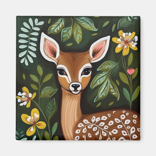 Cute Deer met Leaves en Flowers Magnet (Voorkant)