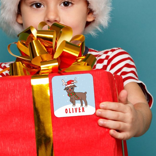Cute Deer met Santa Hat-kerstKind Vierkante Sticker