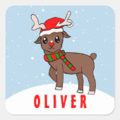 Cute Deer met Santa Hat-kerstKind Vierkante Sticker (Voorkant)