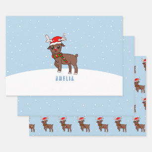 Cute Deer met Santa Hat Snow-Kind voor kerstmis Inpakpapier Vel