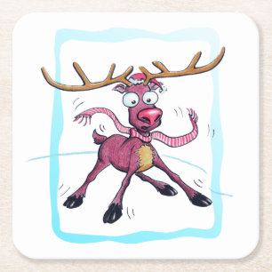 Cute Deer op ijs Funny feestdagen Cartoon Kartonnen Onderzetters