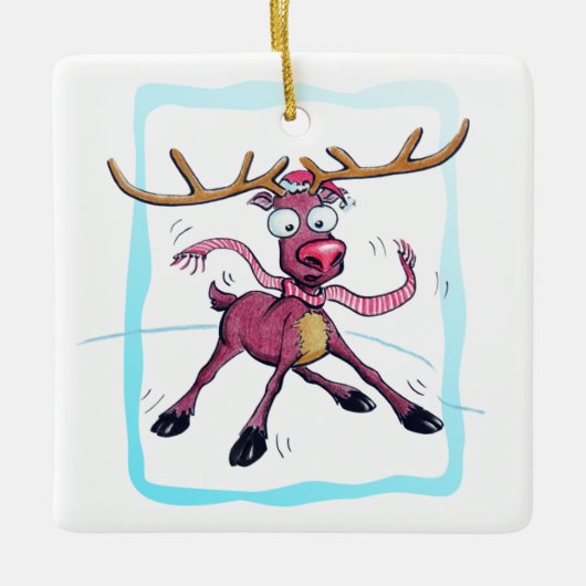 Cute Deer op ijs Funny feestdagen Cartoon Keramisch Ornament (Voorkant)