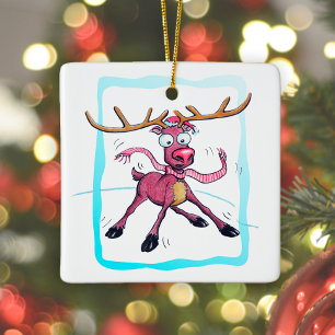 Cute Deer op ijs Funny feestdagen Cartoon Keramisch Ornament