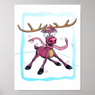 Cute Deer op ijs Funny feestdagen Cartoon Poster