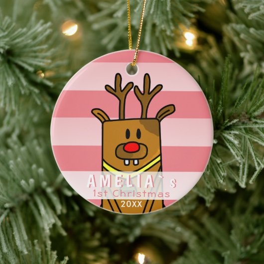 Cute Deer Pink Baby's Eerste Kerstmis Keramisch Ornament (Boom)