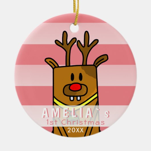 Cute Deer Pink Baby's Eerste Kerstmis Keramisch Ornament (Voorkant)