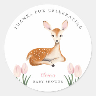 Cute Deer Pink Floral Baby shower Ronde Sticker