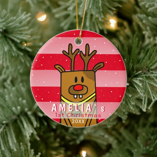 Cute Deer Red Pink Baby eerste Kerstmis Keramisch Ornament (Boom)