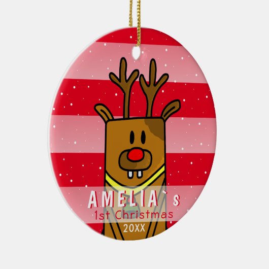 Cute Deer Red Pink Baby eerste Kerstmis Keramisch Ornament (Rechts)
