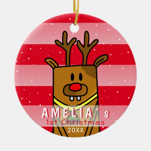 Cute Deer Red Pink Baby eerste Kerstmis Keramisch Ornament (Voorkant)