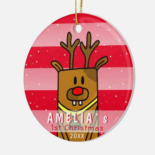 Cute Deer Red Pink Baby eerste Kerstmis Keramisch Ornament (Links)