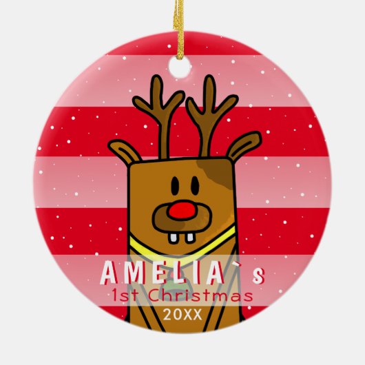 Cute Deer Red Pink Baby eerste Kerstmis Keramisch Ornament (Achterkant)