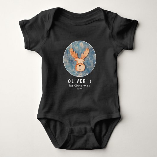 Cute Deer Reindeer Baby's Eerste Kerstmis Zwart Romper (Voorkant)