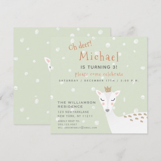 Cute Deer | Sage Green Kinder Winter Birthday Kaart (Voorkant / Achterkant)