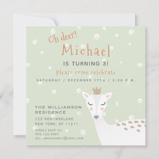 Cute Deer | Sage Green Kinder Winter Birthday Kaart (Voorkant)