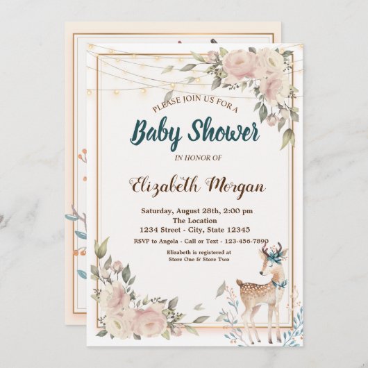 Cute Deer Slingerlichtjes,Florale Baby Shower    Kaart (Voorkant / Achterkant)