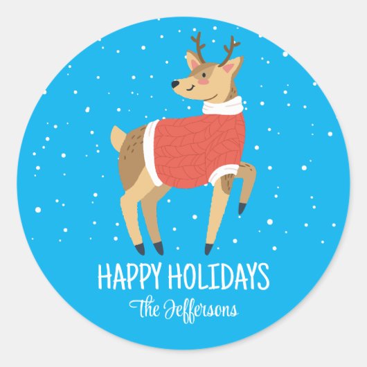 Cute Deer Snowy Winter Holiday Animal Ronde Sticker (Voorkant)
