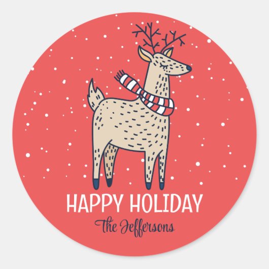 Cute Deer Snowy Winter Holiday Animal Ronde Sticker (Voorkant)