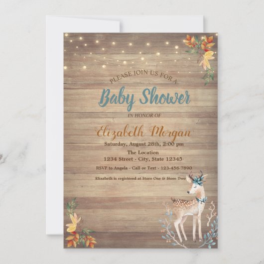 Cute Deer String Lights, Wood Texture Baby shower Kaart (Voorkant)