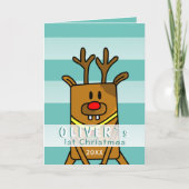 Cute Deer Turquoise Baby's Eerste Kerstmis Kaart (Voorkant)
