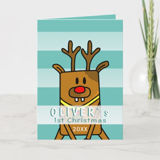 Cute Deer Turquoise Baby's Eerste Kerstmis Kaart (Voorkant)