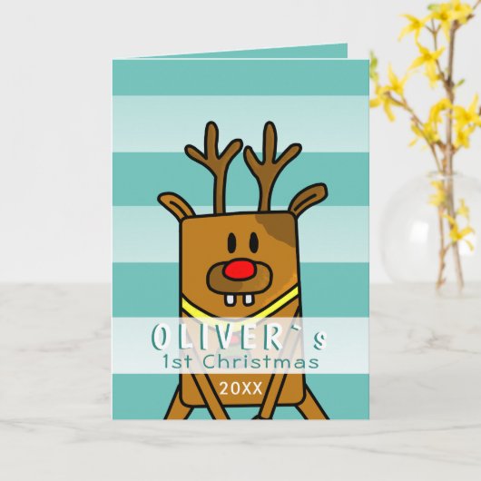 Cute Deer Turquoise Baby's Eerste Kerstmis Kaart (Gele Bloem)