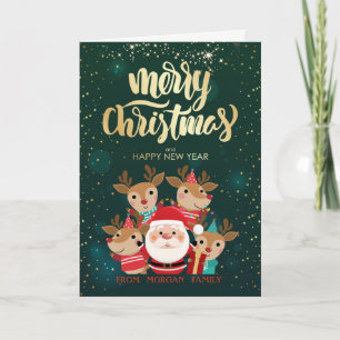 Cute Deers, Santa Claus Green Holiday Kaart