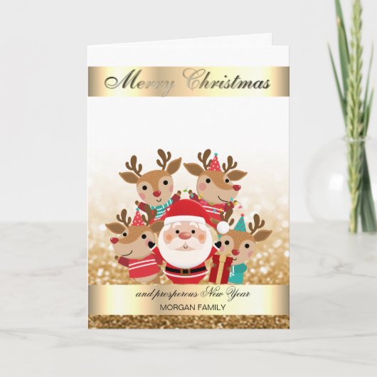 Cute Deers, Santa Gold Bokeh Feestdagen Kaart (Voorkant)