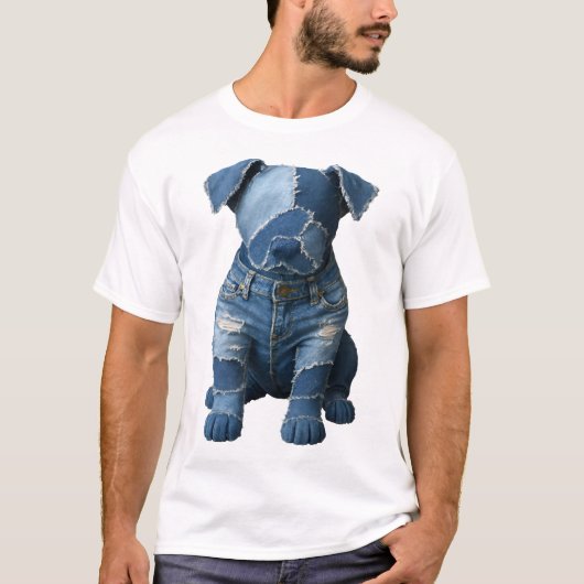 Cute Denim Patchwork Art Dog T-Shirt (Voorkant)