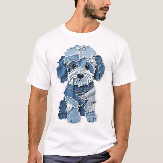 Cute Denim Patchwork Dog Illustration T-shirt (Voorkant)