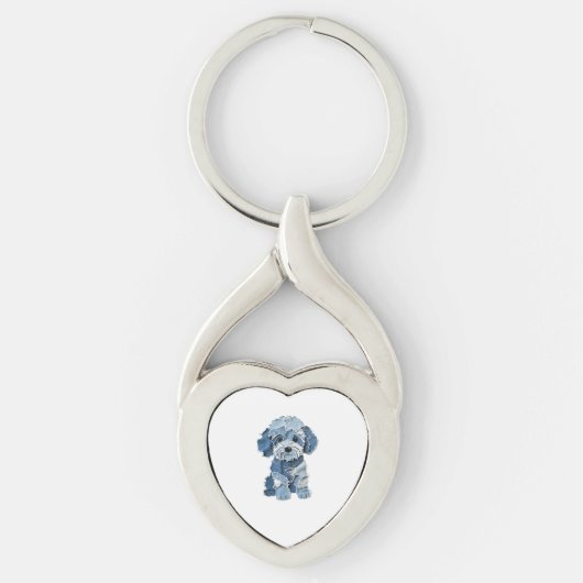 Cute Denim Patchwork Hond Illustratie Sleutelhanger (Voorkant)