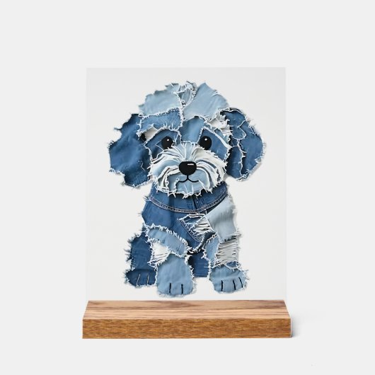 Cute Denim Patchwork Honden Illustratie Acryl Bord (Voorkant)