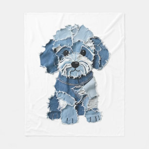 Cute Denim Patchwork Honden Illustratie Fleece Deken