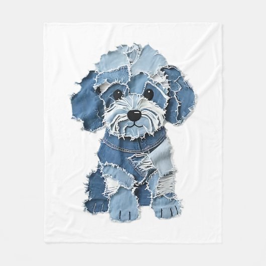 Cute Denim Patchwork Honden Illustratie Fleece Deken (Voorkant)