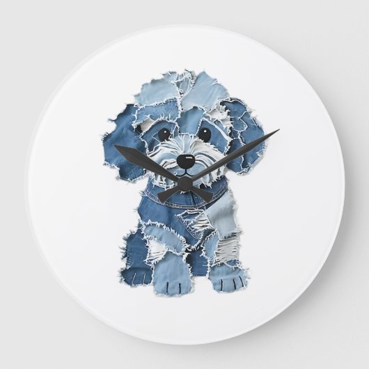 Cute Denim Patchwork Honden Illustratie Grote Klok (Voorkant)