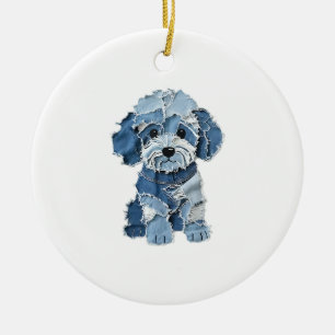 Cute Denim Patchwork Honden Illustratie Keramisch Ornament