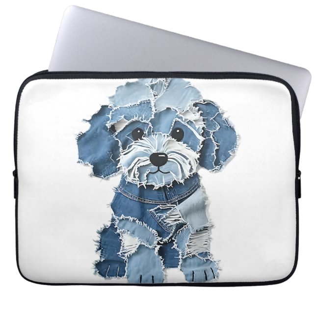 Cute Denim Patchwork Honden Illustratie Laptop Sleeve (Voorkant)