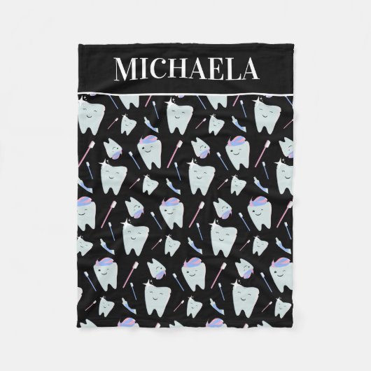 Cute Dentist Dental Hygienist Tooth Pattern Black Fleece Deken (Voorkant)