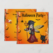 Cute Devil Girl Flower Fairy & Cat Halloween Kaart (Voorkant / Achterkant)
