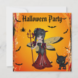 Cute Devil Girl Flower Fairy & Cat Halloween Kaart