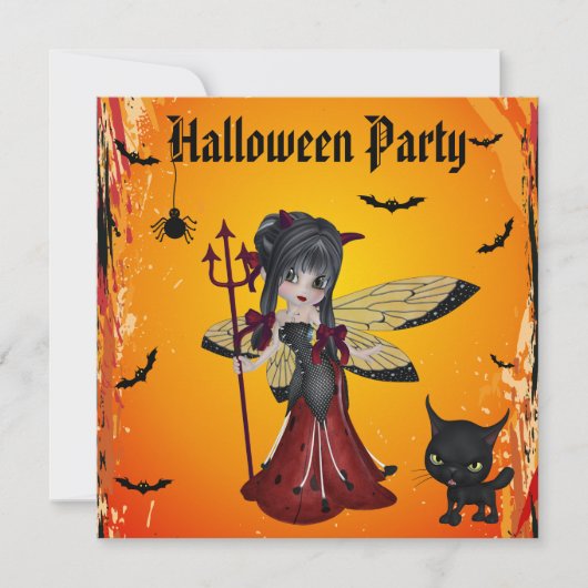 Cute Devil Girl Flower Fairy & Cat Halloween Kaart (Voorkant)